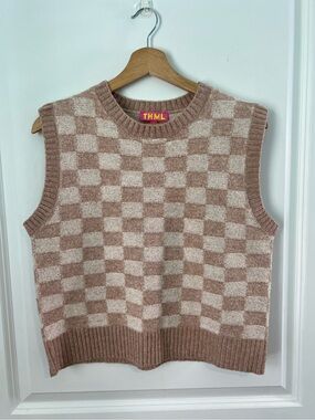 THML Taupe and Cream Checker Knit Vest Size Small